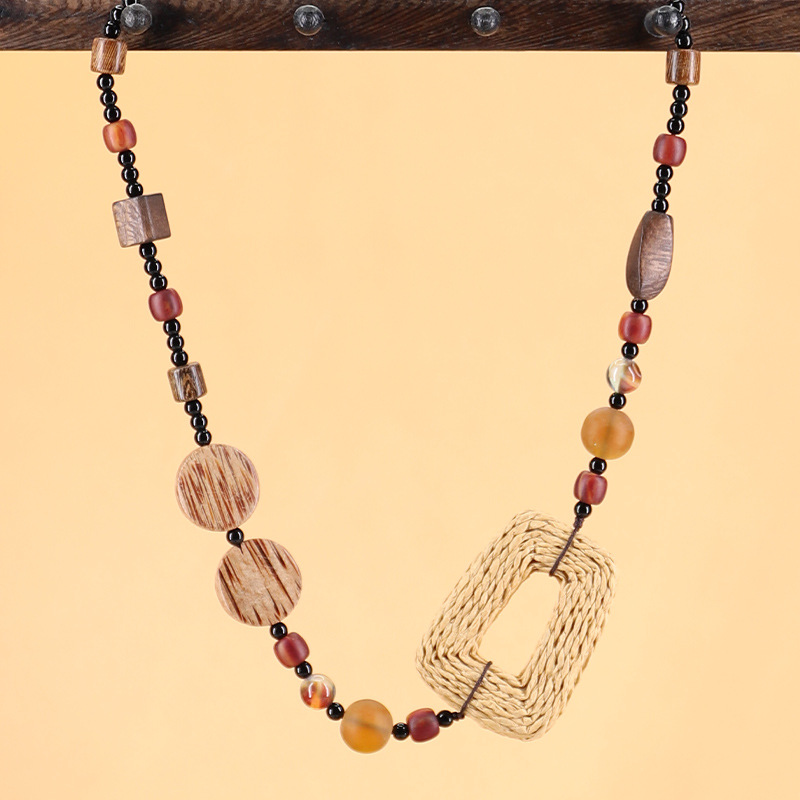 Xingni Original long coconut wood straw woven circle, long glass and solid wood sweater chain, retro ethnic style accessories cross-border Item Picture