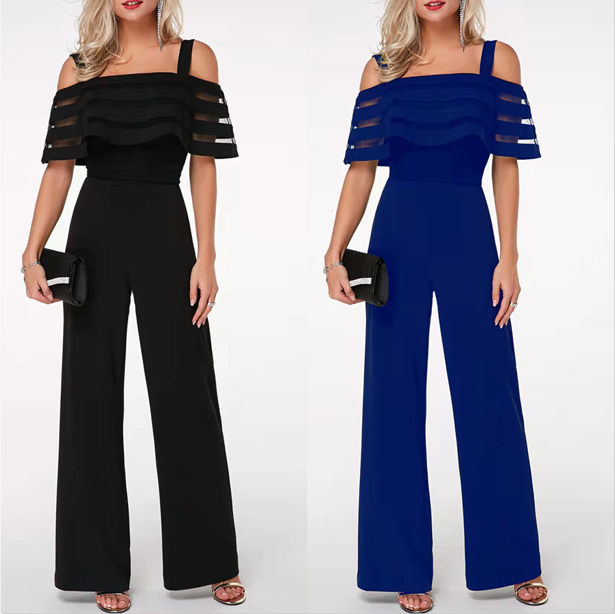 2025 European and American cross-border Amazon independent Station one-neck halter women's solid color combination receiving waist-shaped jumpsuit full figure
