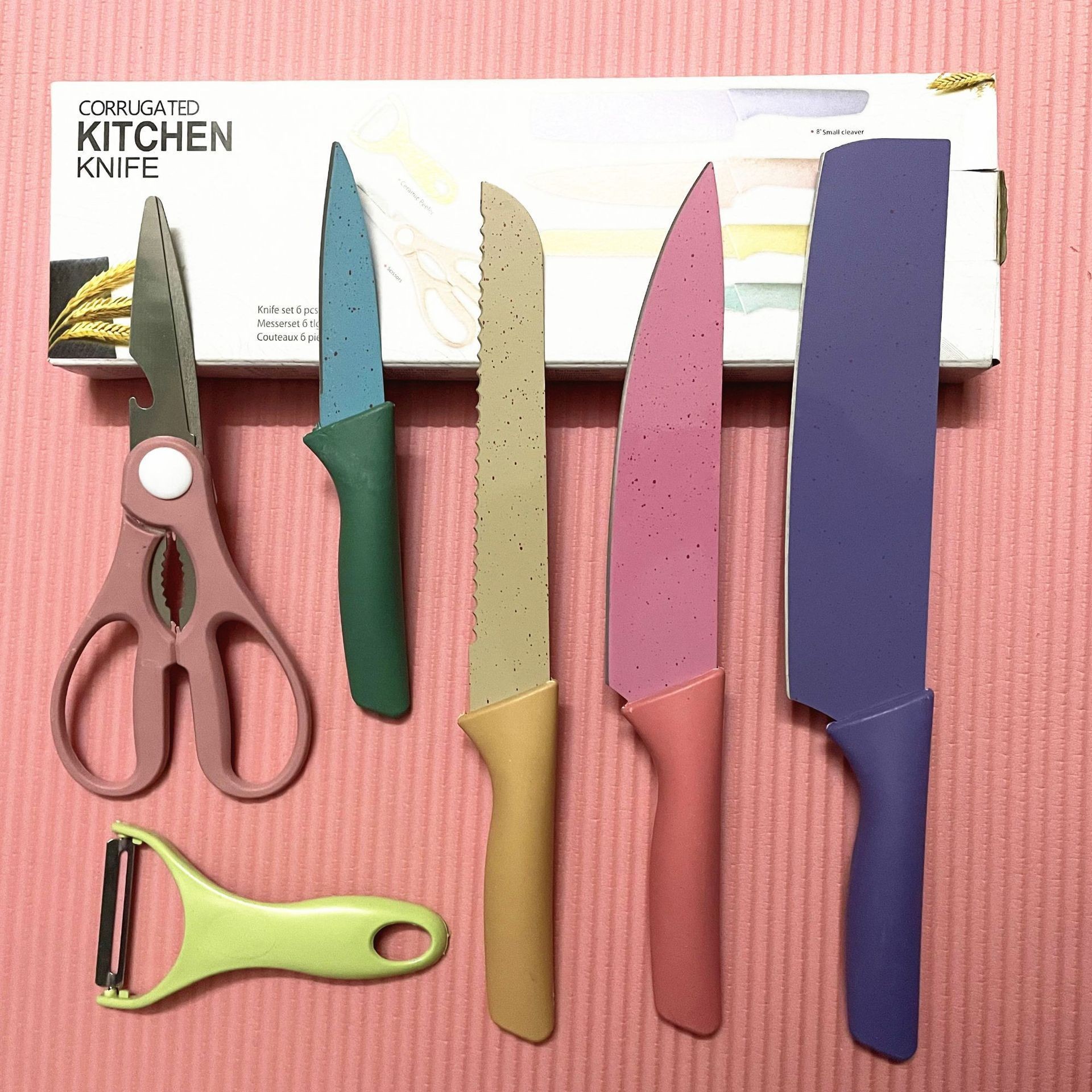 Stainless steel gift knife set, macaron knives, wheat straw six-piece knife set, colored wheat straw six-piece knife set