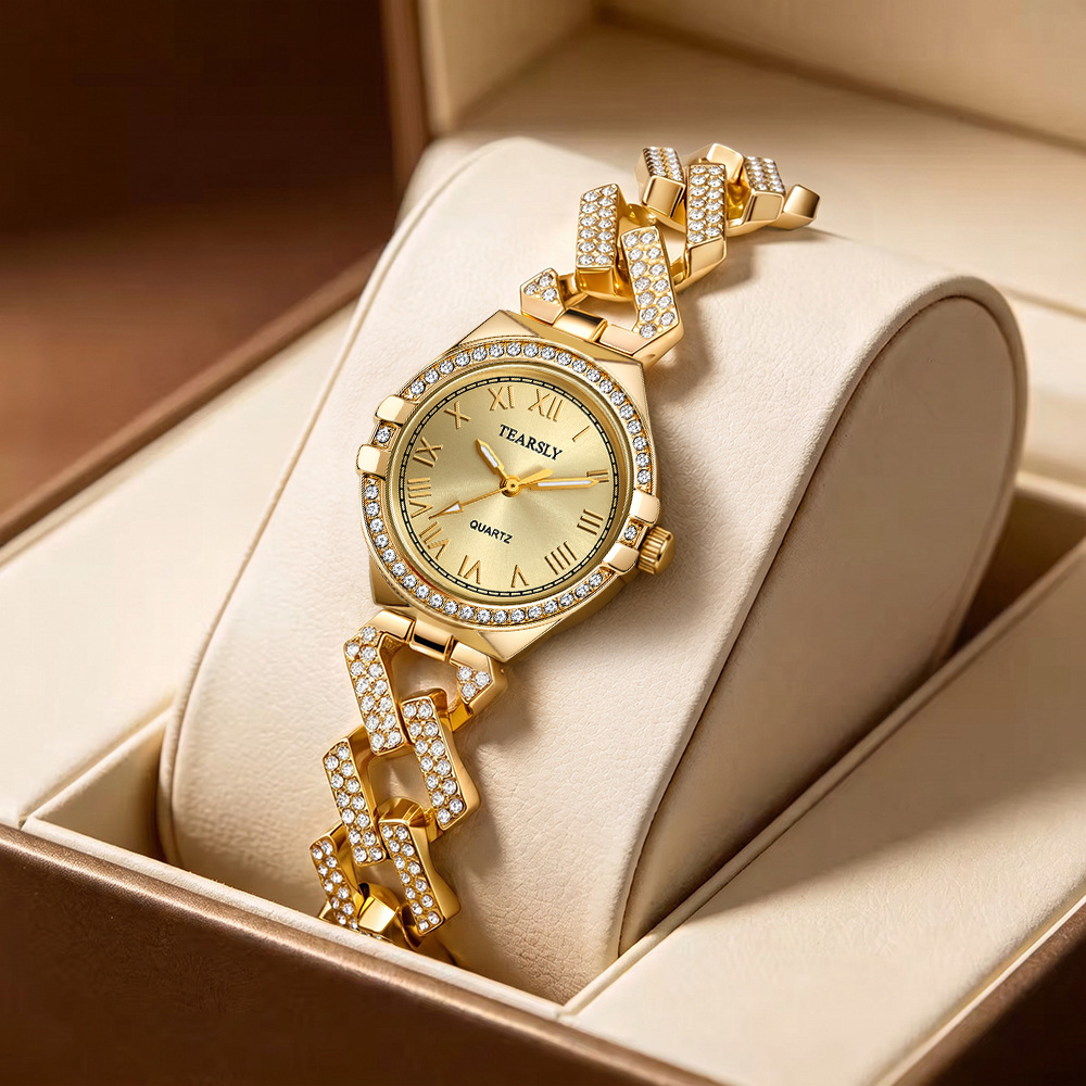 Cross-border bestsellers: Cuban chain diamond-encrusted women's watches, round luminous quartz watches, fashionable watches for women, wholesale and customization