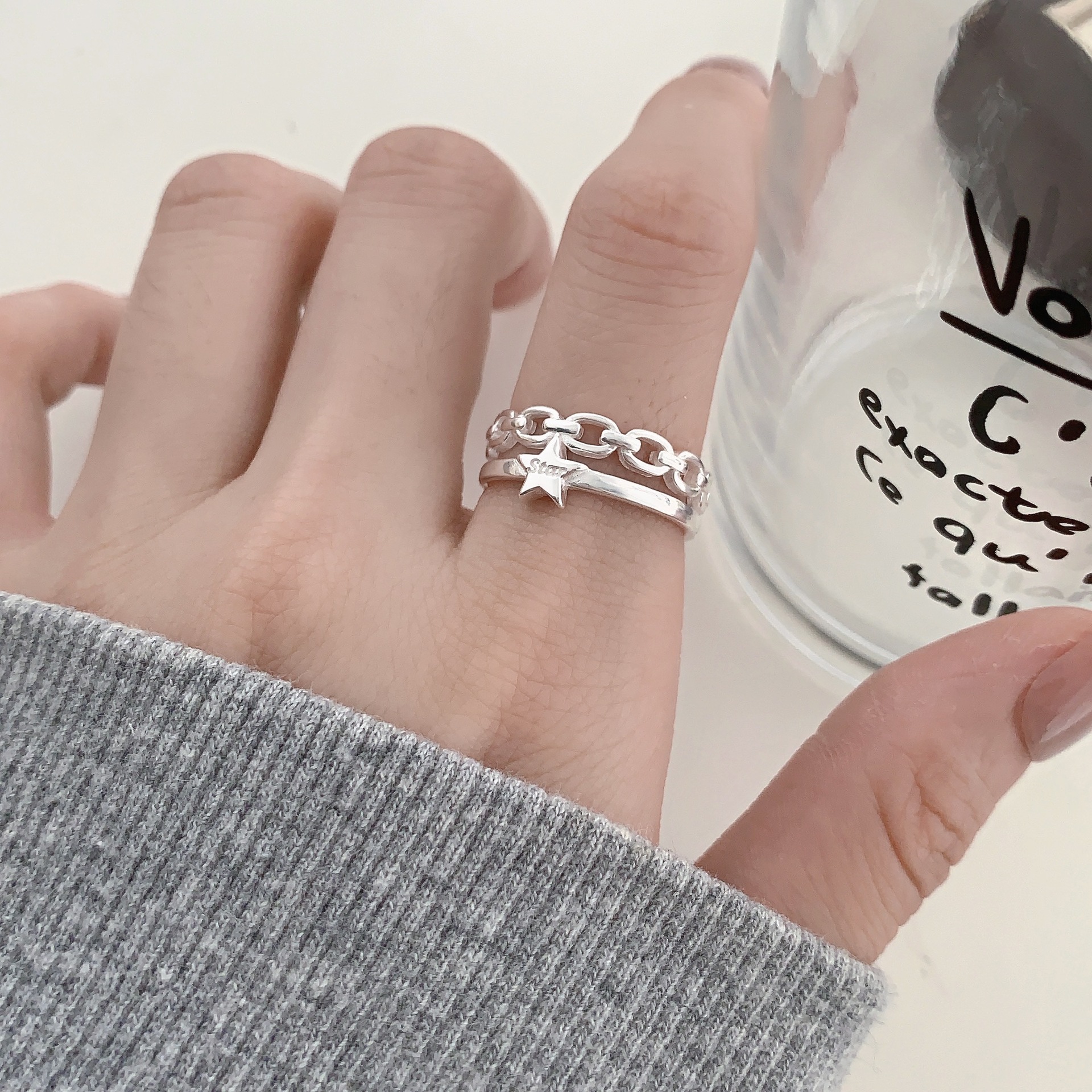 Korean version 12.9 full-body S925 sterling silver chain spliced five-pointed star open ring, women's Instagram niche design, cold style Application Scenario