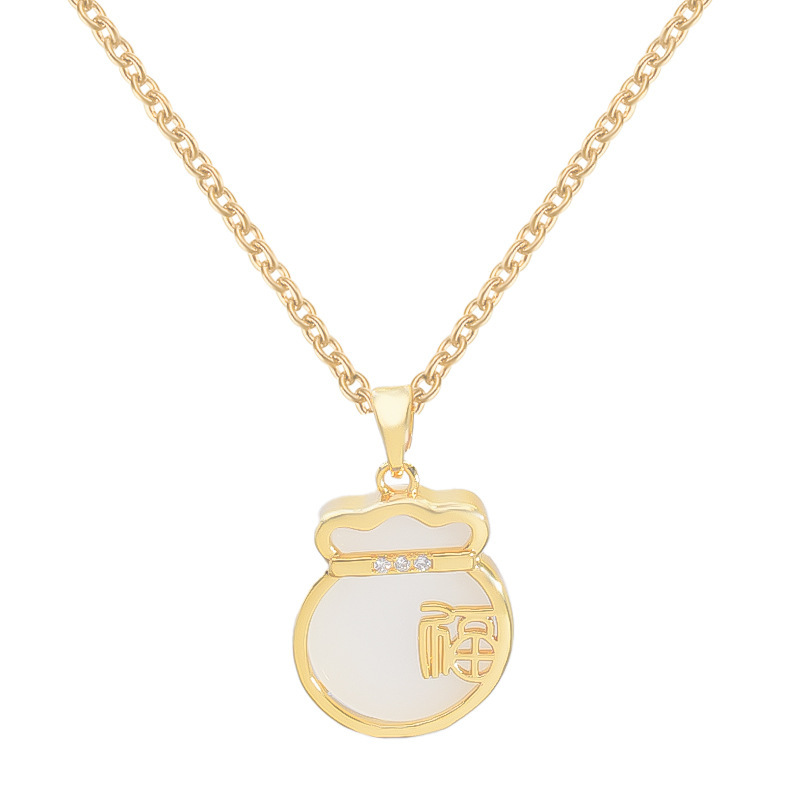 2024 New imitation jade lucky bag pendant with micro-inlay ethnic style, retro personality, versatile, internet-famous, high-end women's collarbone chain Item Picture