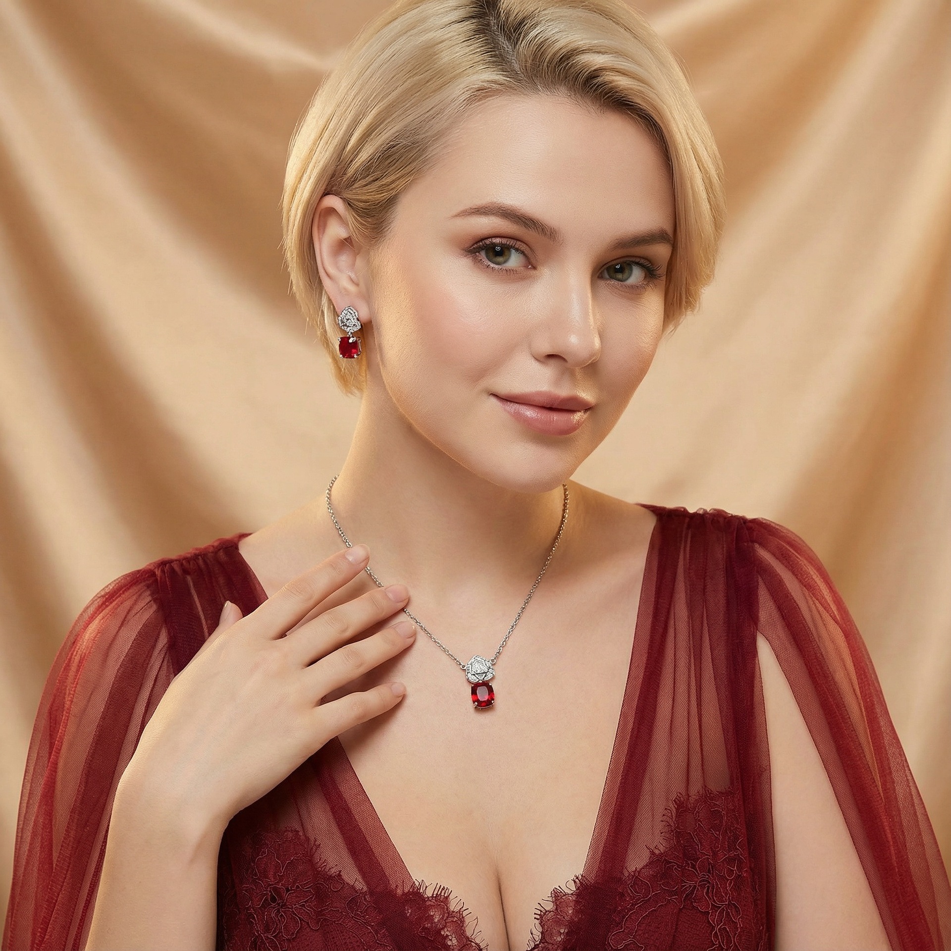 日韩休闲925银针锆石耳环项链女两件小套装山茶花玫瑰宝蓝玫红色ljt89217格蒂莎珠宝时尚首饰宴会礼服套装