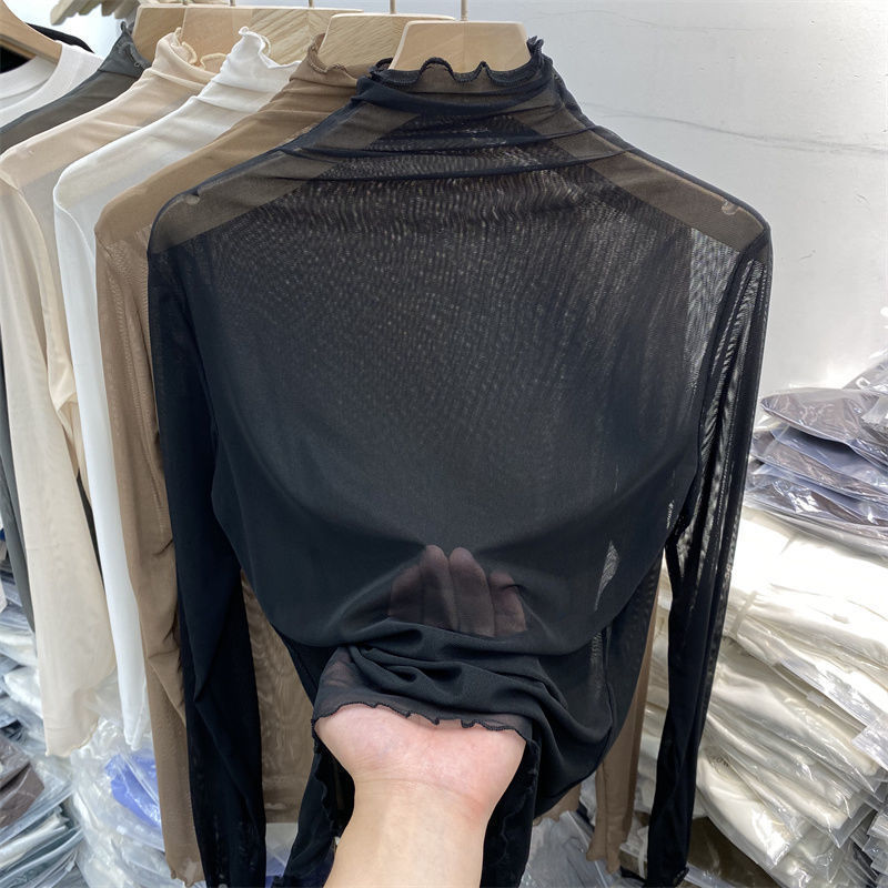 高领蕾丝网纱打底衫女内搭长袖2025新款春秋雪纺小衫纱衣叠穿上衣