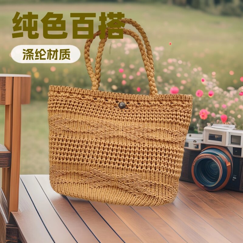 精美镂空法式草编包包可手提可斜跨两用包包女款磁扣开合设计细节图