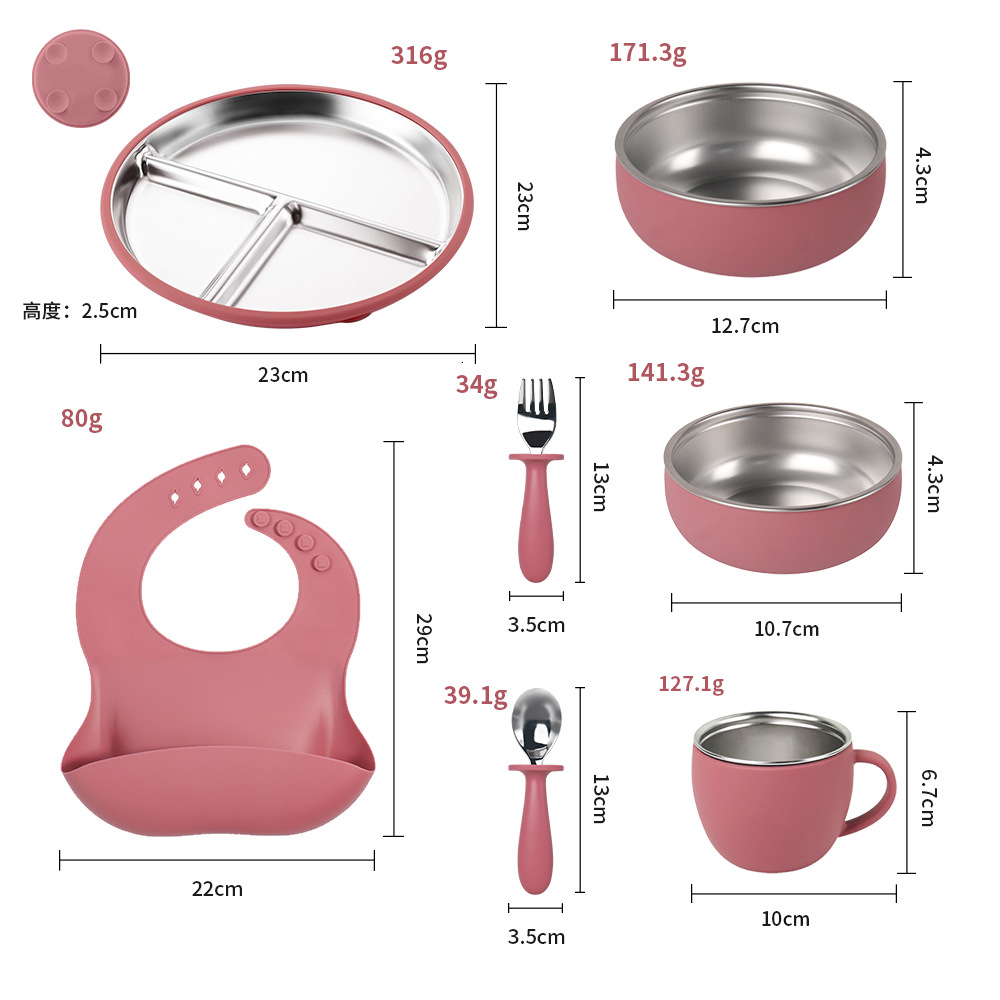 New product Yamaxun silicone 304 Stainless Steel Dinner Plate with suction cup Set, children's Silicone feeding tableware Specification drawing