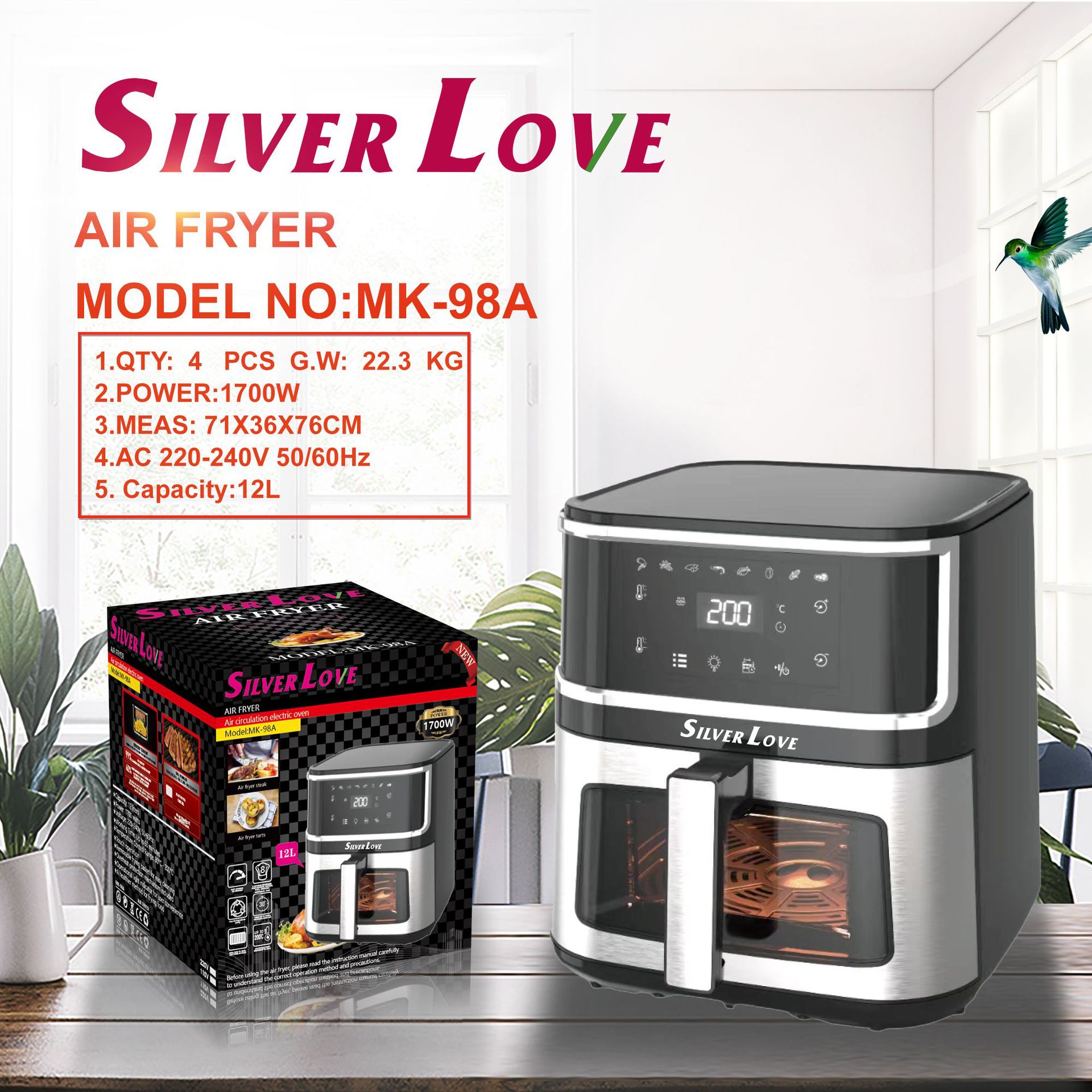 Export 1700W high-power air fryer 12L large-capacity smart touch household visual electric fryer Z209