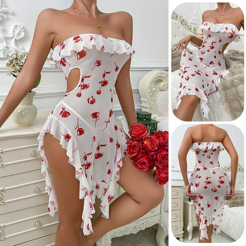 Feiyun European and American cross-border wholesale rose print strapless mesh sleeping dress, ruffled lace sexy dress 783 full figure