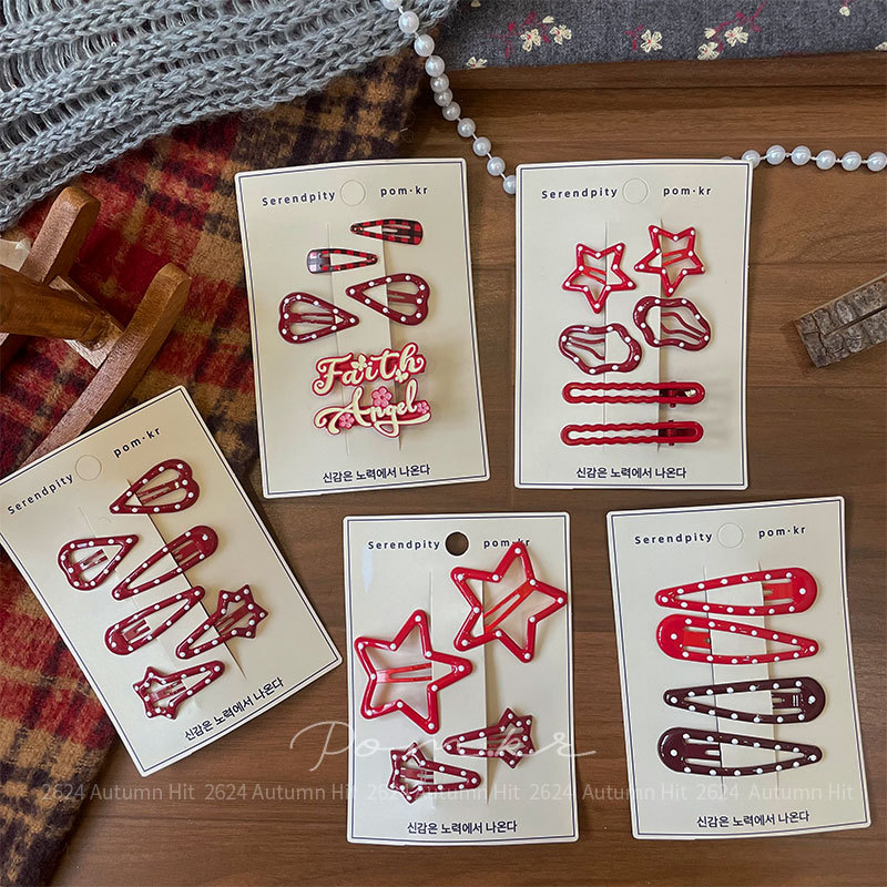 New Korean-style red five-pointed star hair clip, handcrafted children's heart-shaped side fringe clip, geometric hair accessory, Korean-style Serendipity red hair clip set, polka dot heart-shaped star autumn Application Scenario
