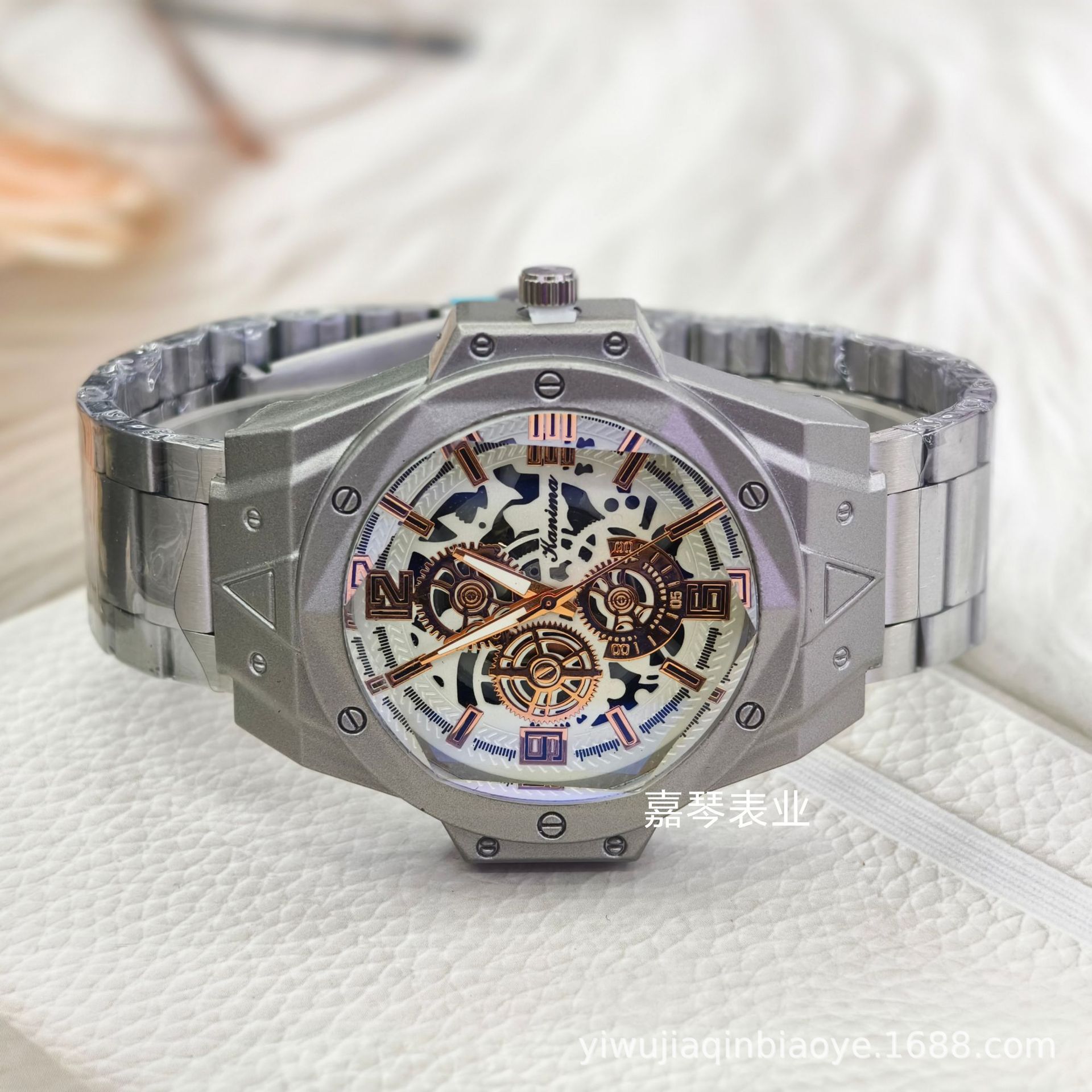 Cross-border foreign trade, European and American style men's fashionable and casual silver skeleton mechanical imitation watch, steel band watch Royal Oak Item Picture