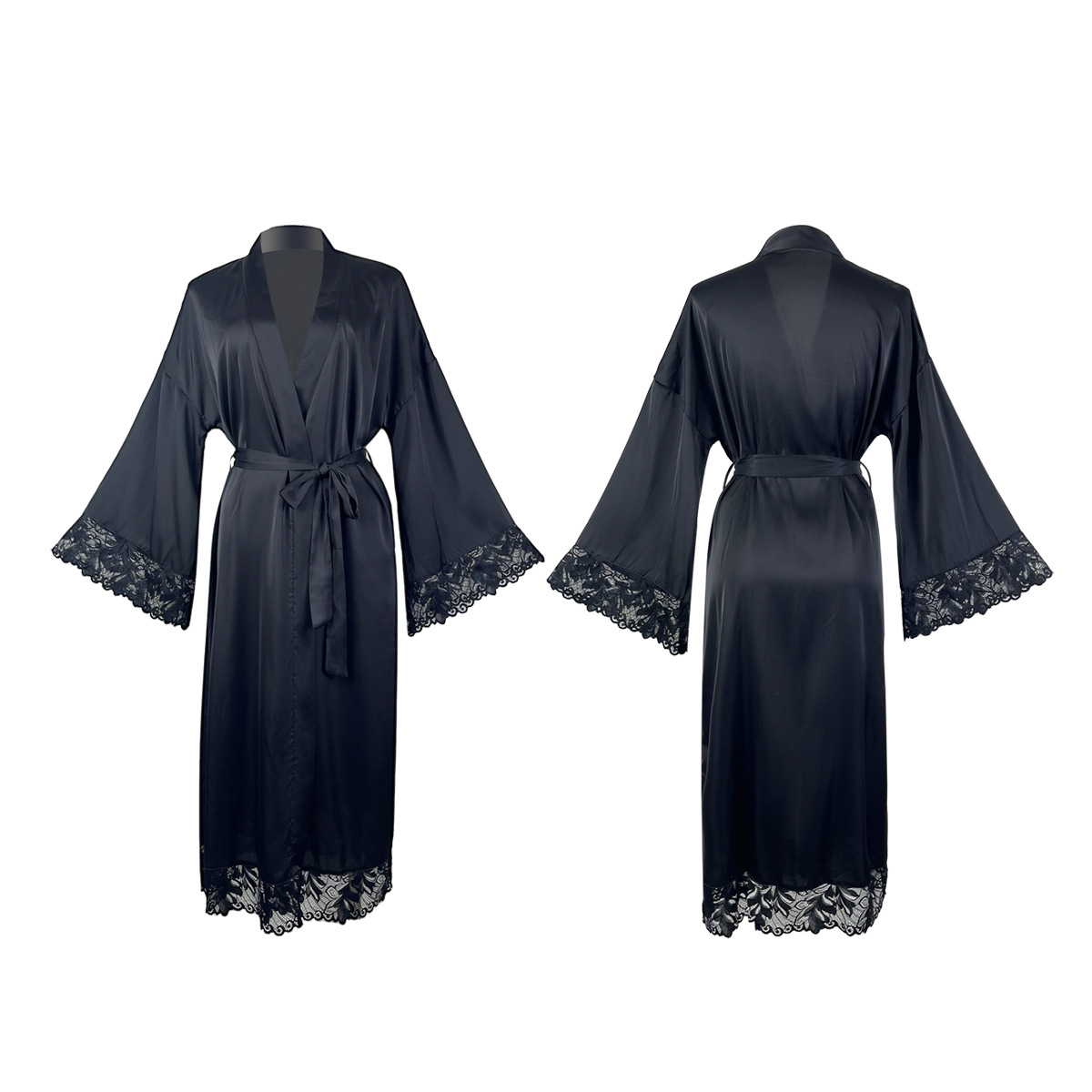 A black and white V-neck lace-trimmed mid-length, slit, light luxury and sexy nightgown for export, 682 Item Picture