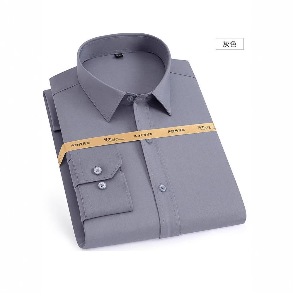 Men's bamboo fiber non-ironing shirt, elastic and anti-wrinkle professional workwear, solid color, form-fitting business attire details Picture