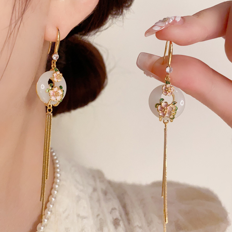 新中式时尚花朵平安扣长款流苏耳钩ins小众设计高级感耳饰批发