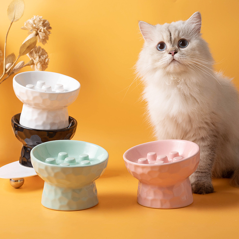 Cat bowl, ceramic high-footed slow food, anti-choking and anti-tipping, slanted neck guard, pet cat and dog rice bowl, cat food bowl