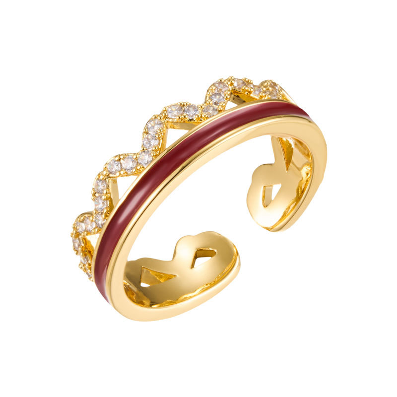 A light luxury and high-end enamel oil-dripping crown open ring, copper alloy, real gold electroplated and zircon adjustable ring Item Picture