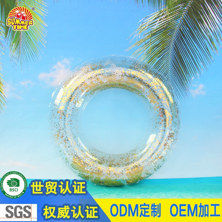 Inflatable thickened sequined transparent swimming ring for foreign trade, pvc handle, gold onion bright powder life buoy full figure