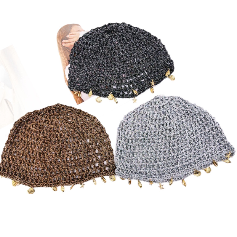 Handcrafted crochet hollowed-out shell decorated headpiece hat for women, spring and summer breathable fisherman's hat, fashionable and versatile knitted hat Item Picture