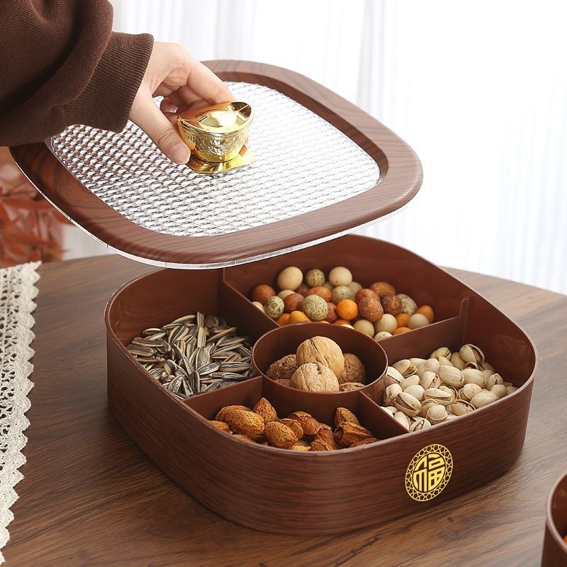 Imitation wood grain high-end dry fruit box, living room home nut plate, 2025 new model, melon seed snack storage, candy box Specification image
