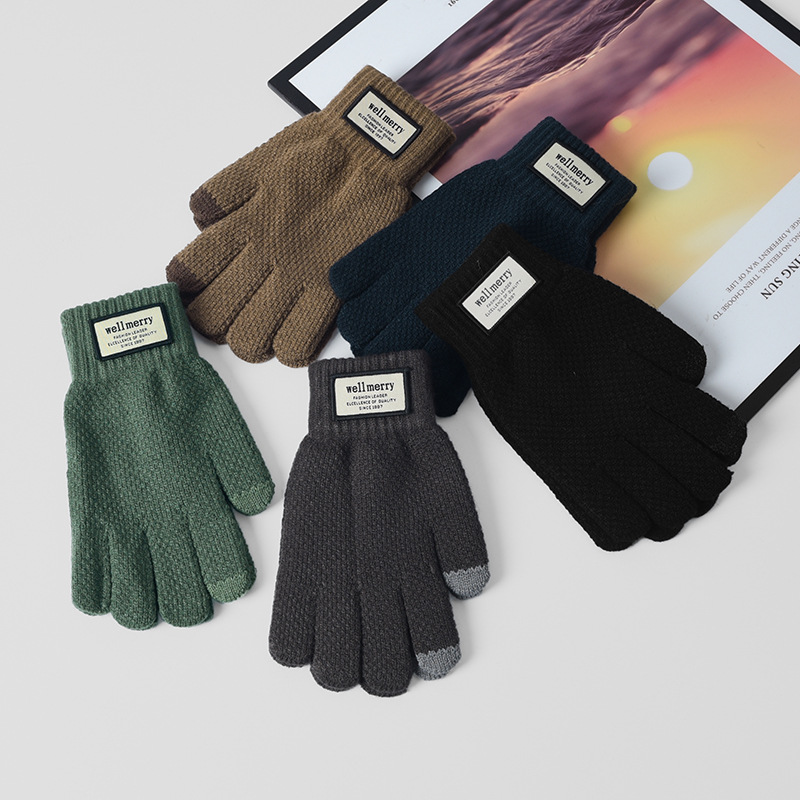 Factory wholesale knitted woolen gloves for men's winter warmth, new Korean-style thickened and fleece touch screen gloves with labels