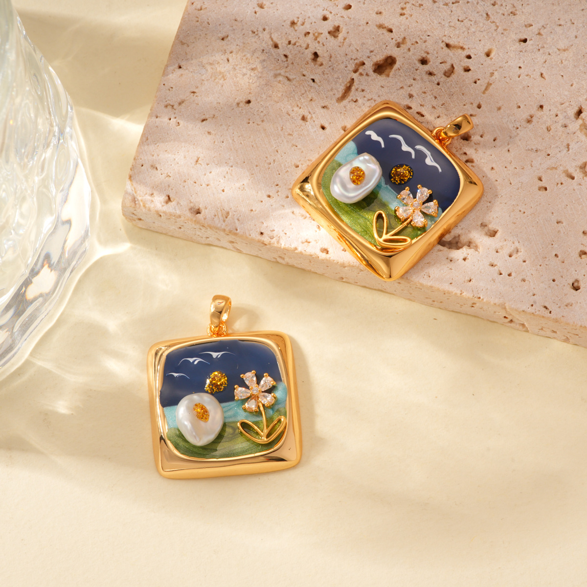 Pearl inlaid oil painting style square pendant, 18k copper gold-plated color retention high-end bracelet, necklace clasp DIY accessory