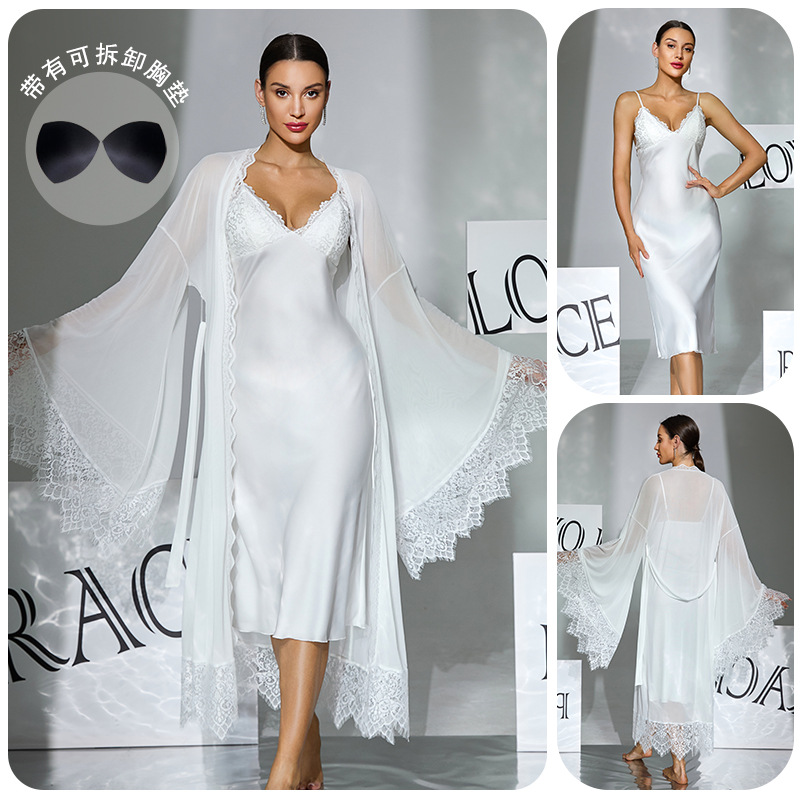 Two-piece set of white satin halter sleeping dress for export, detachable chest cushion mesh lace flared sleeve outer robe 1182