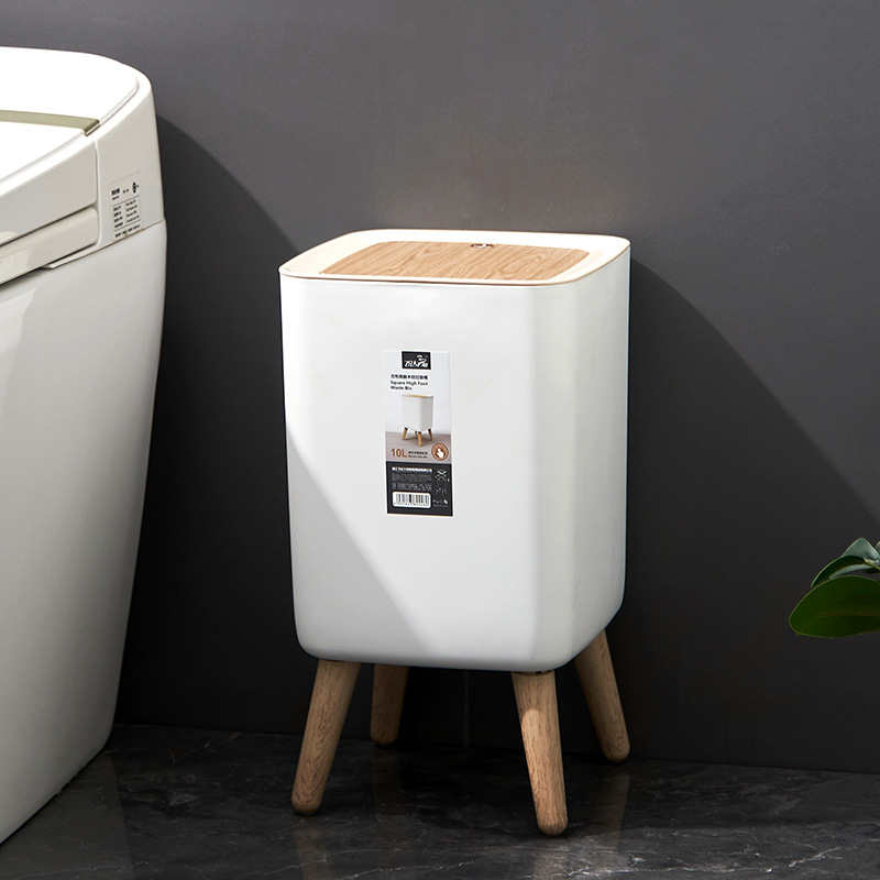 飞达三和方形高脚木纹家用高级感垃圾桶塑料有盖按压收纳桶批发