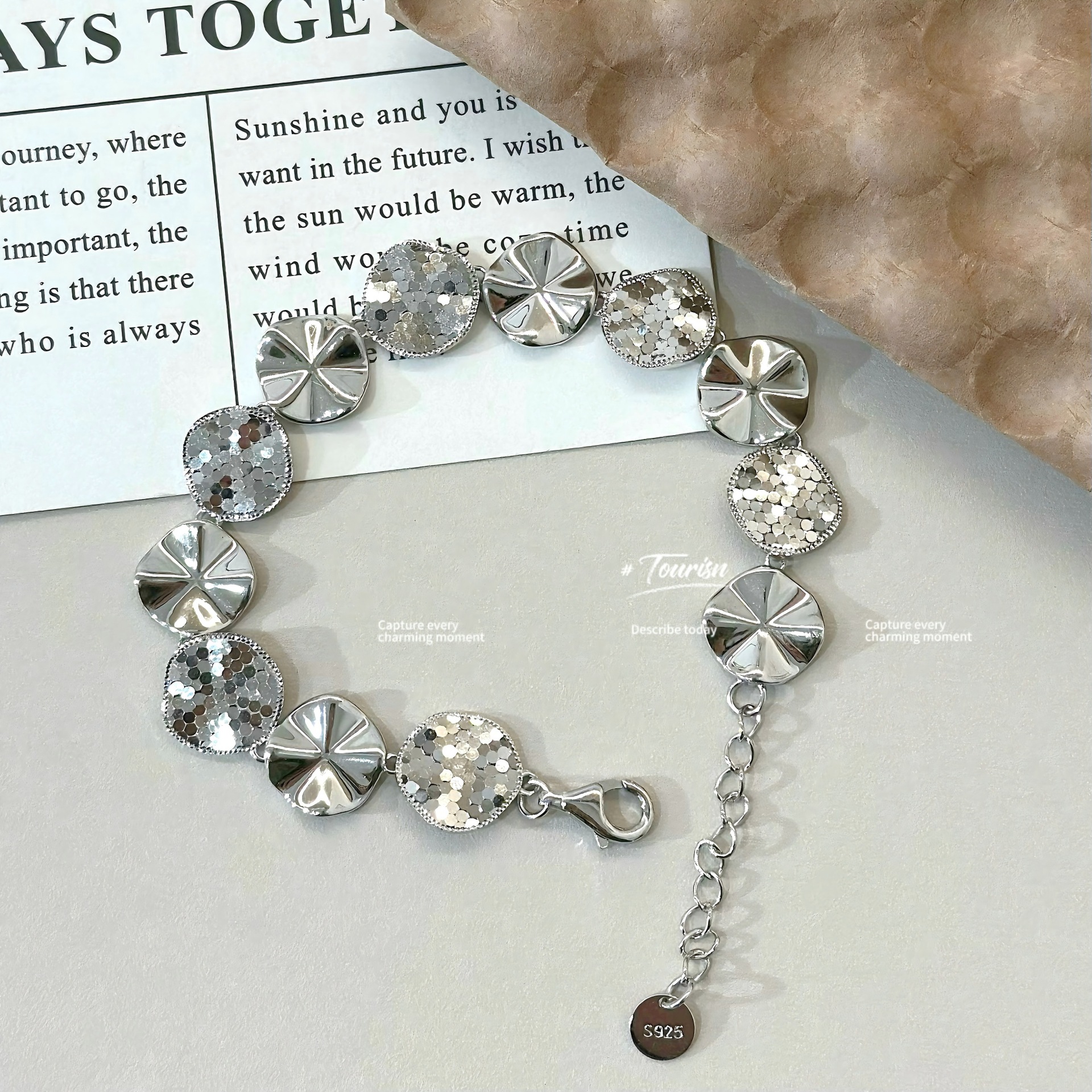 S925纯银碎冰冰荷叶原片拼接手链轻奢几何中古风波光粼粼冰鳞片片