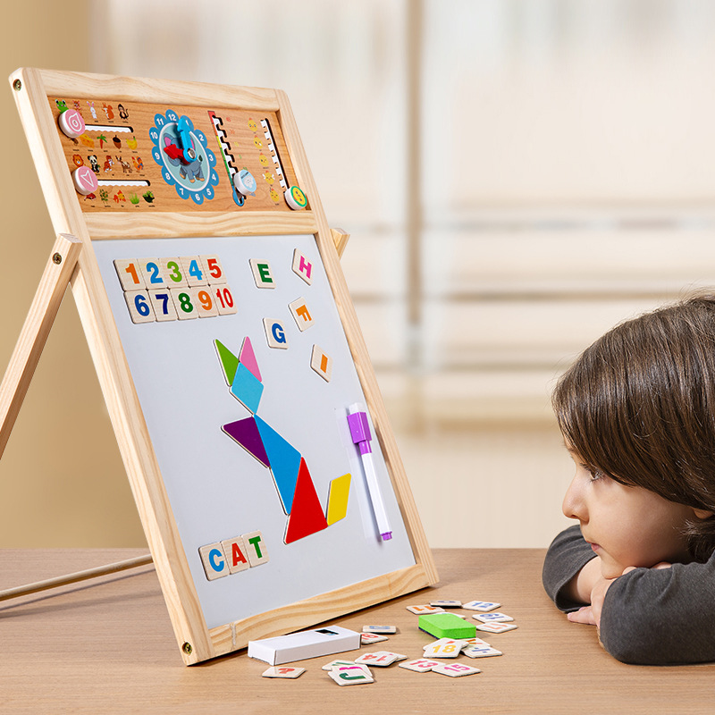 Wooden educational learning toys, multi-functional drawing and writing board, wooden children's writing board, double-sided magnetic drawing board for doodling Specification image