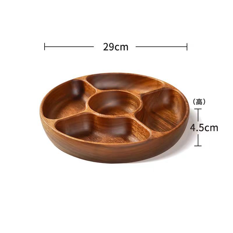 Fruit plate, tea and snack plate, walnut wood five-compartment round snack plate, dried fruit box