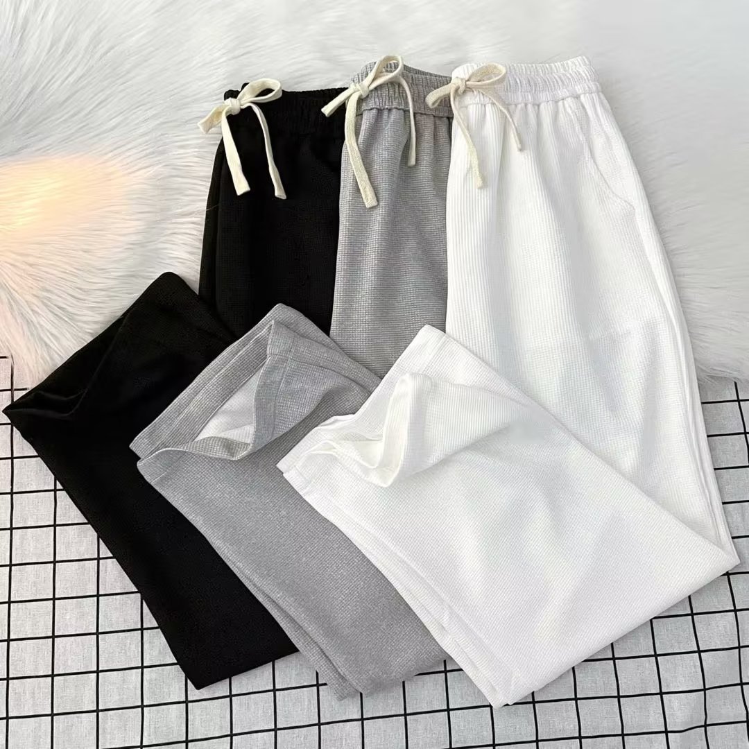Waffle casual pants for men, loose, straight, spring, thin, trendy and versatile wide-leg, drape long pants, sports sweatpants