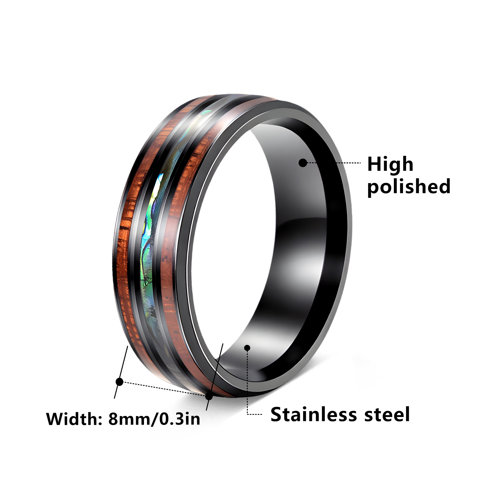 304 stainless steel European and American popular jewelry, natural element ring, Hawaiian acacia wood men's titanium steel ring Item Picture