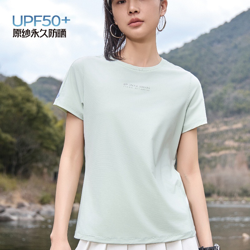 Verano 2026 nueva mujer de secado rápido protección solar camiseta cuello redondo manga corta transpirable holgada blazers ice sense suave details Picture