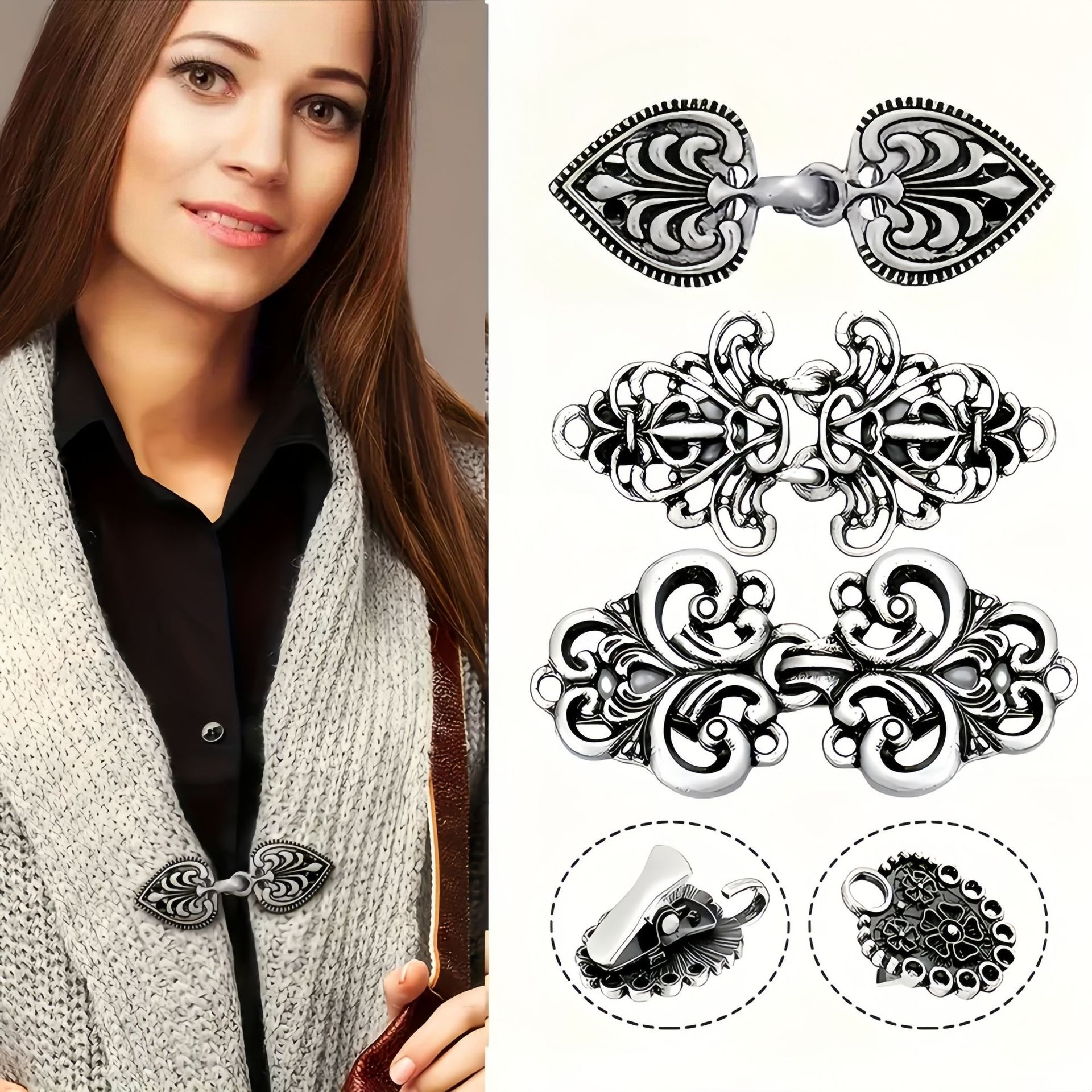 European and American retro alloy sweater, silk scarf, cardigan button, shirt, collar clip, anti-slip beam, tight clip, brooch, factory direct sales Specification image