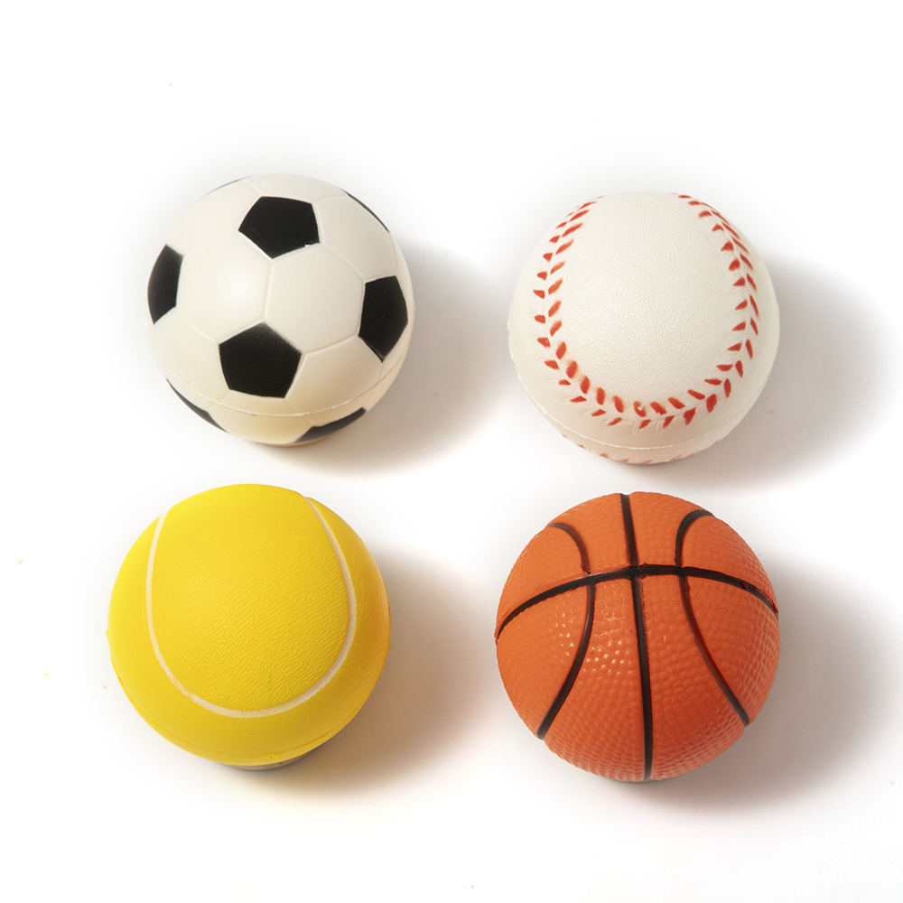 Our factory sells 63mm MPU foam toys of various types, including footballs, nets, bats, golf balls, smiling faces, olives and volleyballs, which can be used as logos Application Scenario