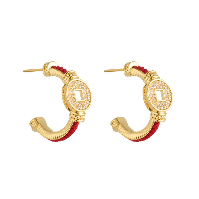 Diseño original China chao hong cuerda pendientes de dinero de cobre aleación de cobre chapado de oro real micro zirconitas incrustadas agujas de plata s925 orejeras para mujeres Item Picture
