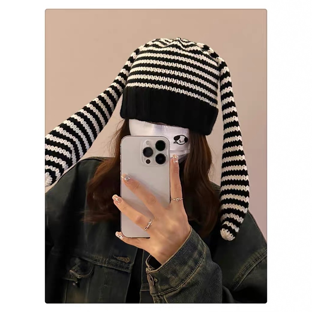 Japonés cute cinco estrellas conejo gorro mujer orejas rayas demonio pullover sombrero de punto color crash sombrero frío calor
