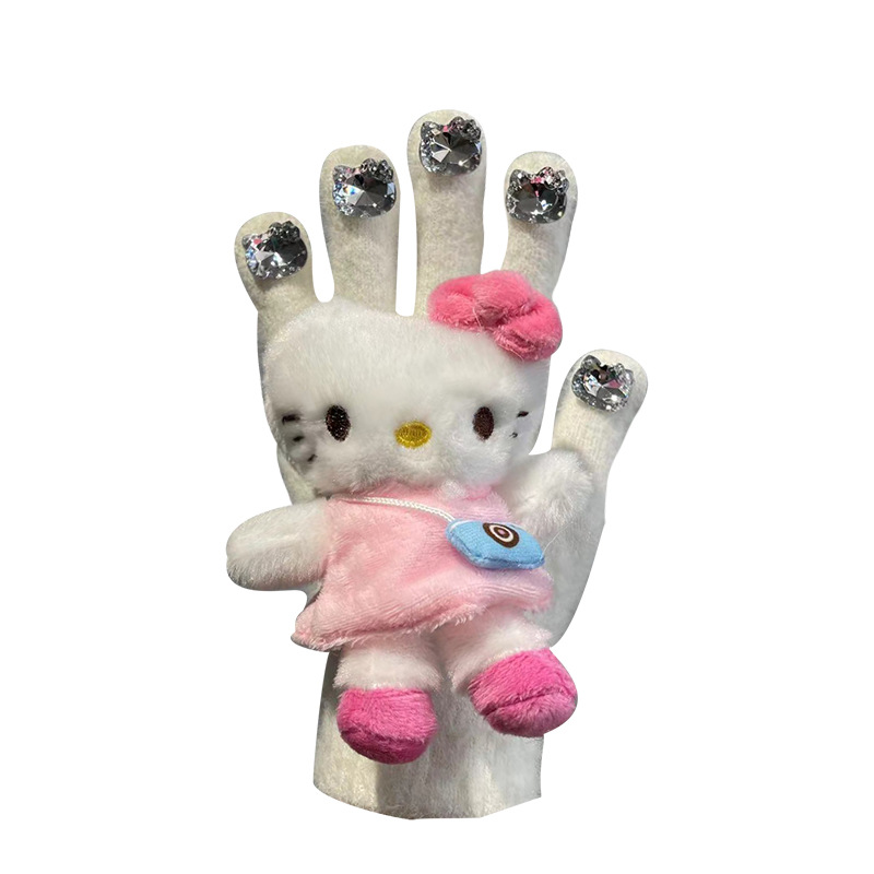 HelloKitty water diamond cute plush gloves for autumn and winter, Kitty Cat doll, warm knitted five-fingered gloves for girls Item Picture