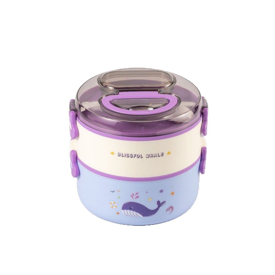 卡通饭盒双层保温餐盒可进微波炉圆形多格便当盒食品级学生可爱餐白底实物图