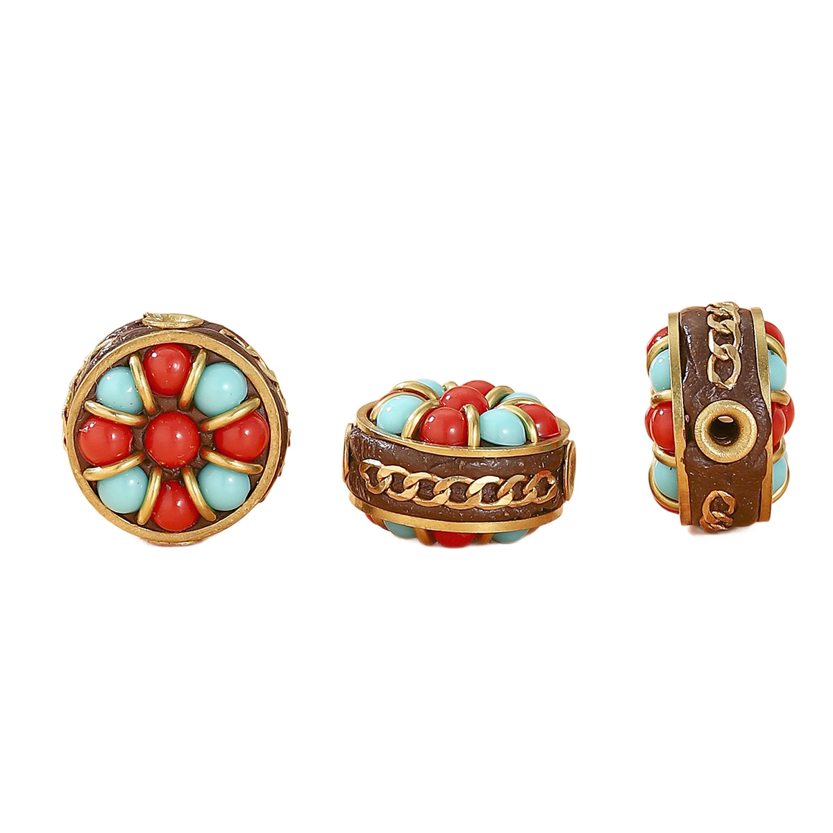 Tibetan-style Nepalese copper beads inlaid with turquoise, retro ethnic style DIY jewelry accessories, bucket beads, waist beads and partition beads Item Picture