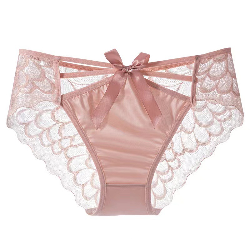 French-style pure high-slit satin lace underpants for export to Europe, America and Africa, with a feminine feel, breathable and lightweight, bow and cutout low-waisted triangle pants Item Picture