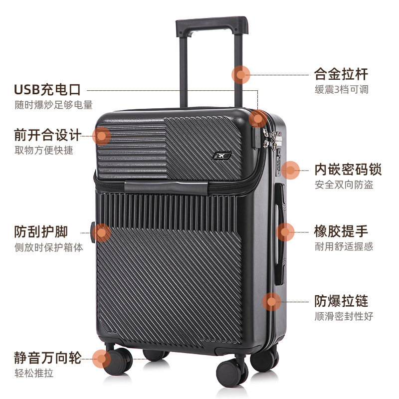 2024 New multi-functional front opening handle suitcase for women, universal silent wheel boarding travel password leather case details Picture