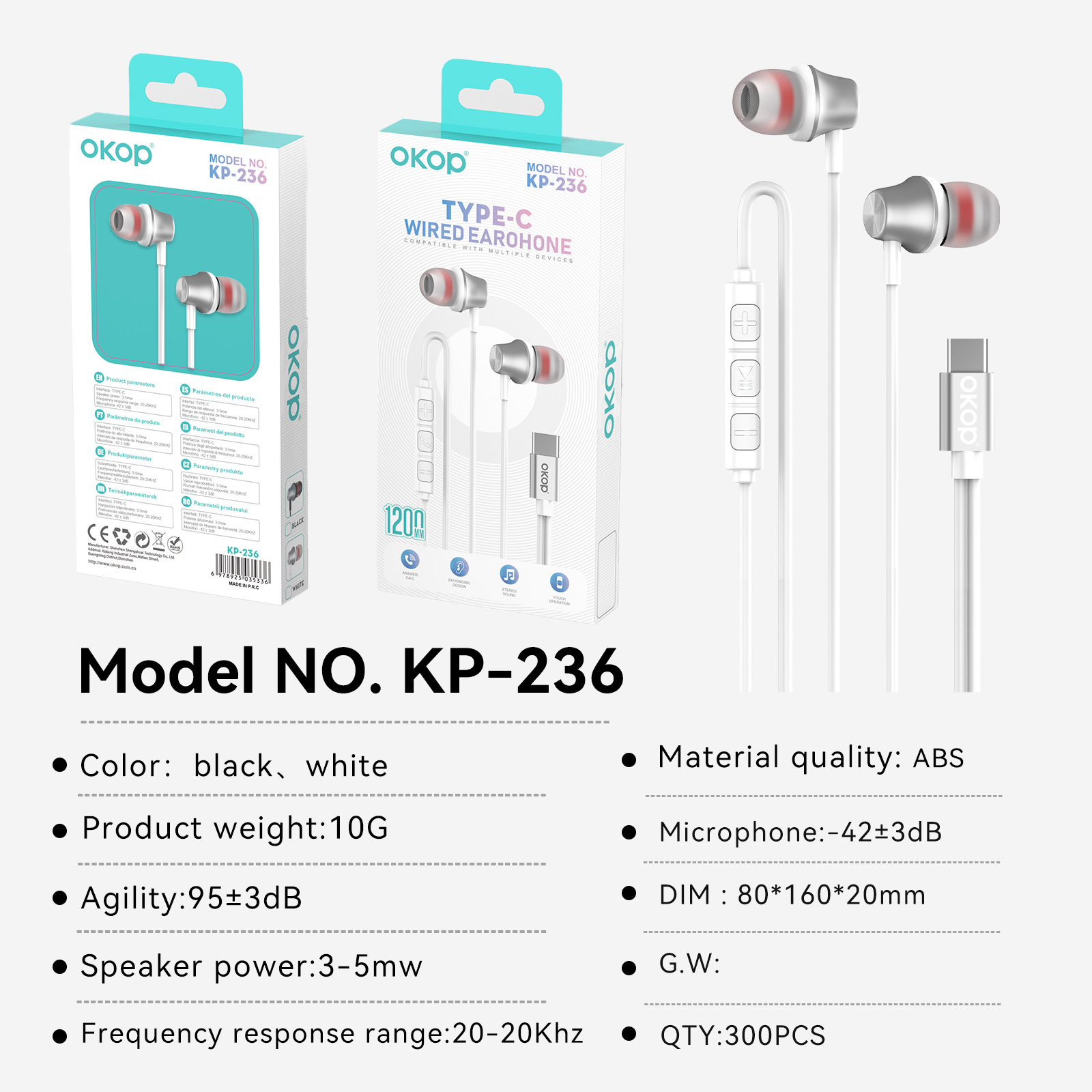 236 In-ear headphones, wired USB-C, universal for mobile phones and computers, low-frequency and high-quality line-controlled music headphones details Picture