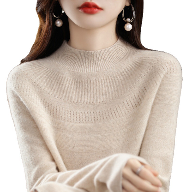 New autumn and winter collection of 100 cashmere sweaters, women's semi-high neck one-piece ready-to-wear pullover knitted long-sleeved cashmere sweater base layer Item Picture