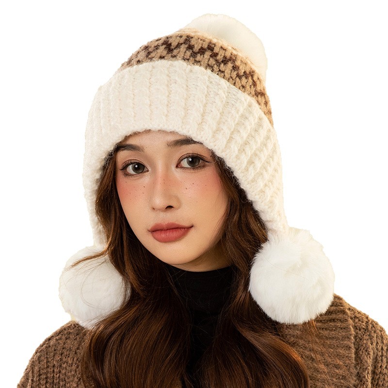 Multicolored jacquard wool ear-protecting knitted hat for women to show off their faces, warm for winter and autumn cycling, windproof and cold-proof thickened velvet hat Item Picture