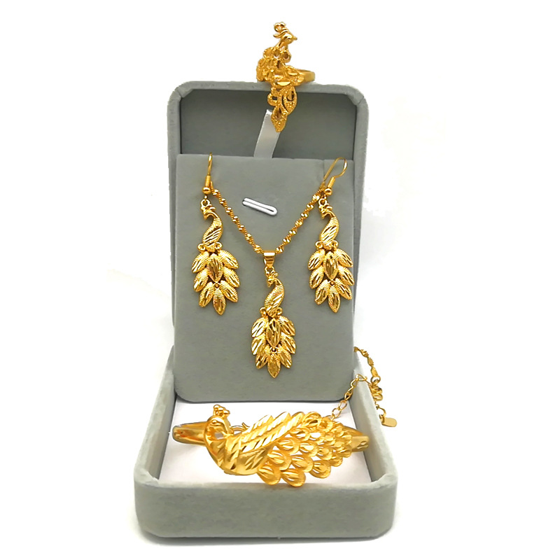 Vietnamese sand gold PeacockBracelet necklace set, PeacockBracelet bracelet, ethnic style earrings, wedding jewelry