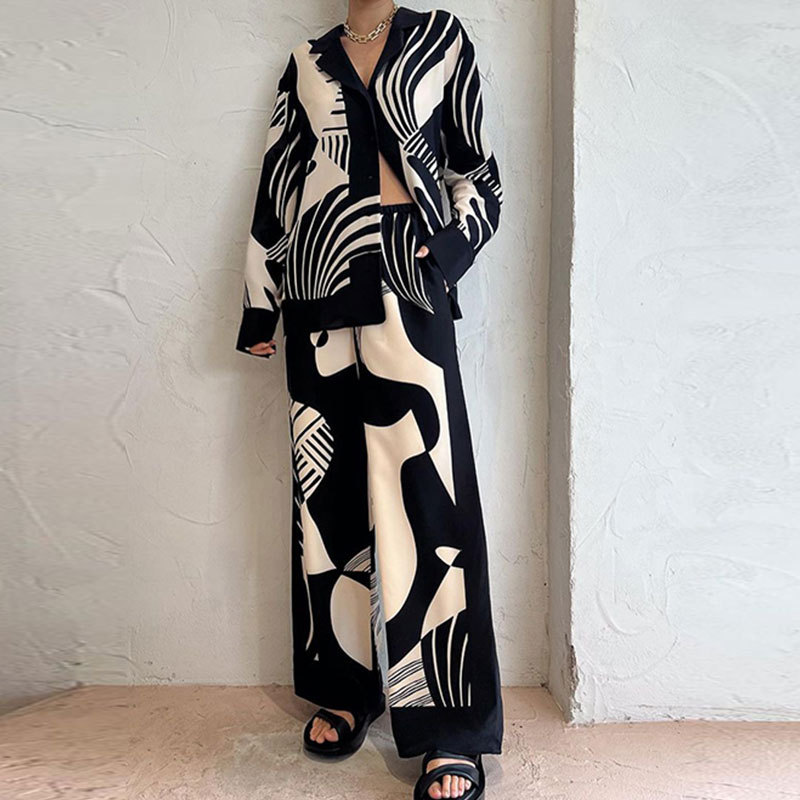 2026 Cross-border European and American women's Clothing Spring New Style Personalized Graffiti Casual Lapel Shirt Long-sleeved Fashion Set details Picture