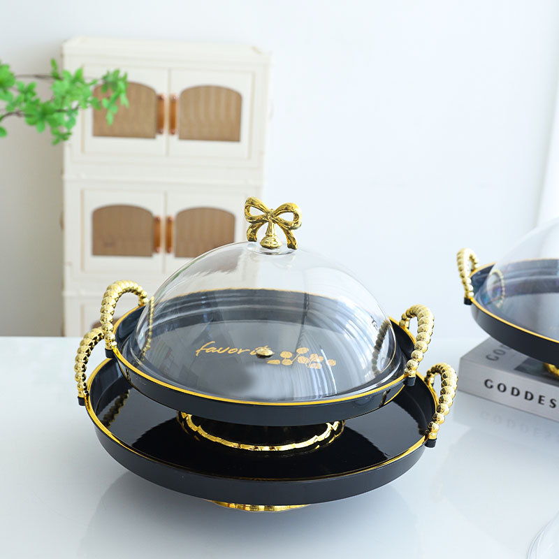 Cross-border cake tray with lid, dessert plate display, rotating fruit plate, black plastic buffet bread and pastry presentation details Picture