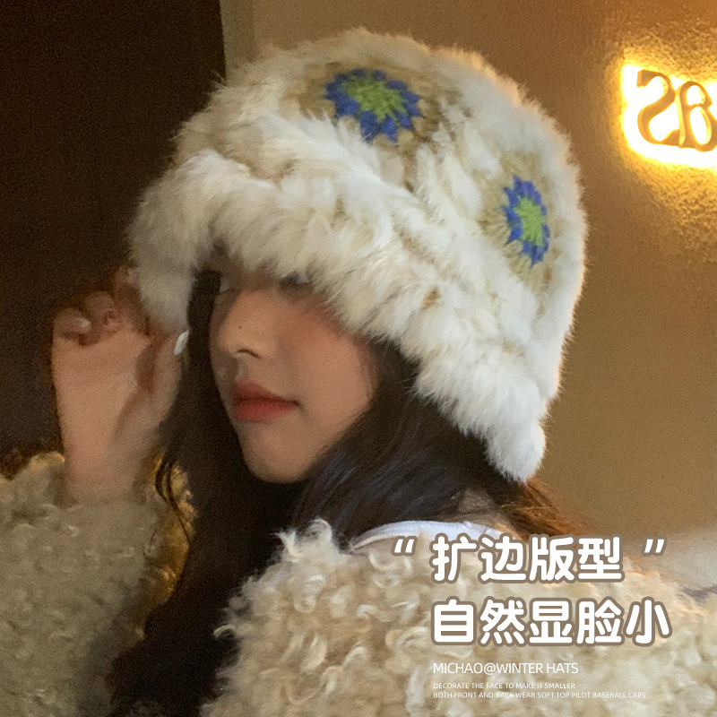 兔毛醒狮帽子女秋冬可爱保暖毛绒渔夫帽百搭显脸小水桶毛茸茸盆帽产品图
