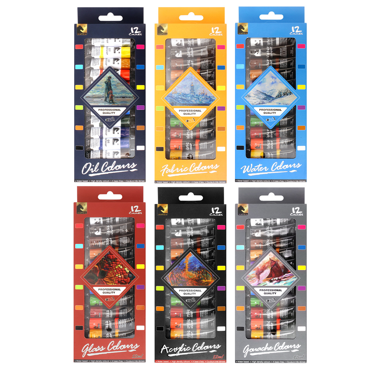 Cross-border manufacturer wholesale 12ml pigments, watercolors, gouaches, acrylic paints, oil paints, glass paints, and 12-color textile paints Item Picture