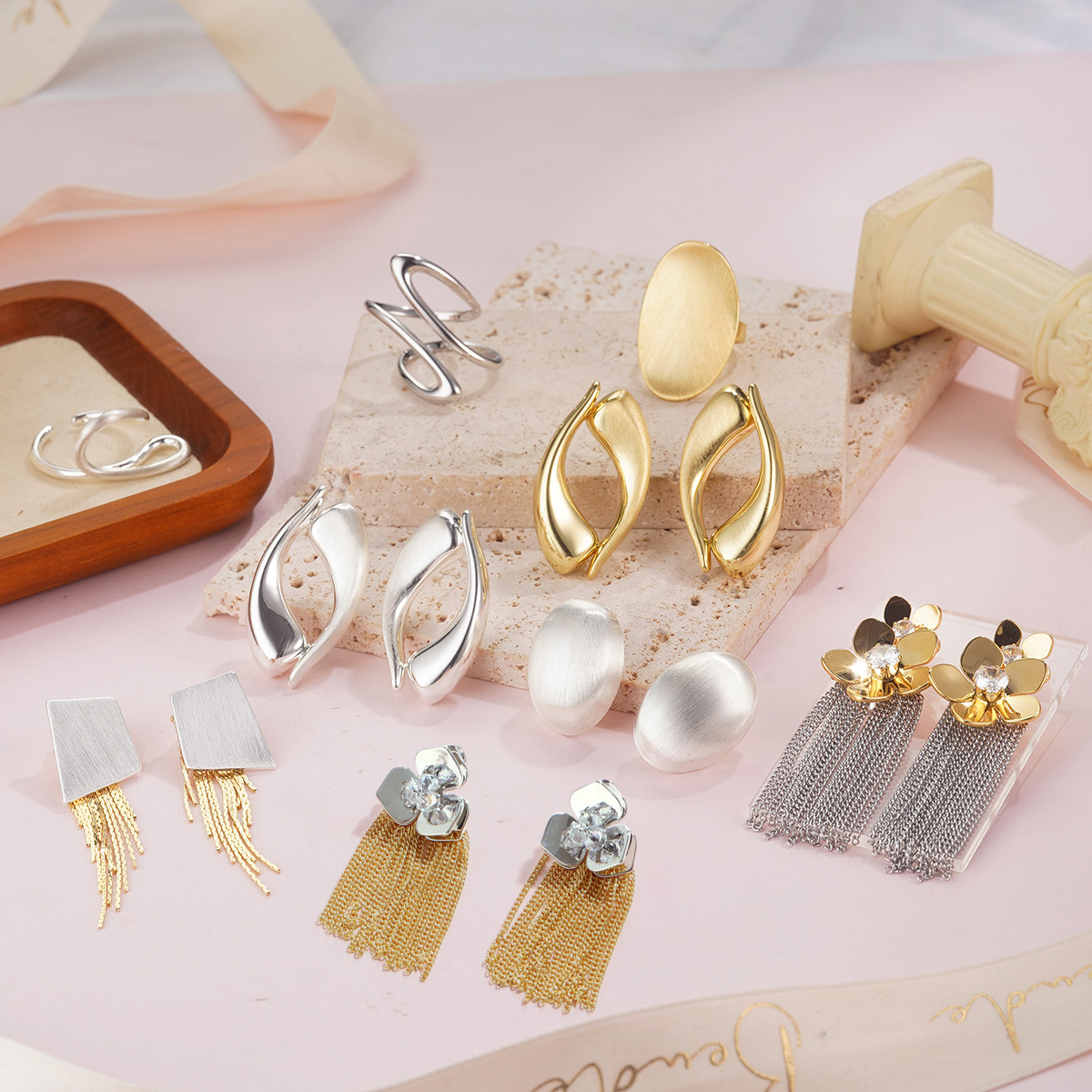 简约金属电镀跨境花朵时尚流苏耳环拉丝金银戒指夸张设计长款耳饰